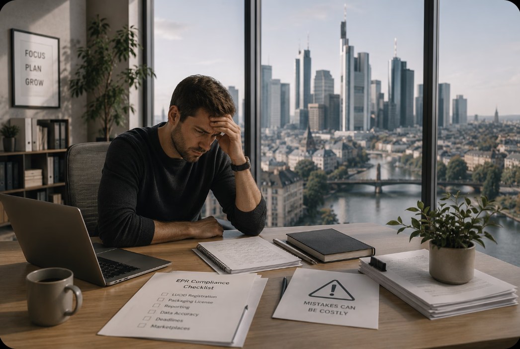 EPR-Compliance-Checkliste auf dem Schreibtisch — die häufigsten Fehler von Amazon-Verkäufern