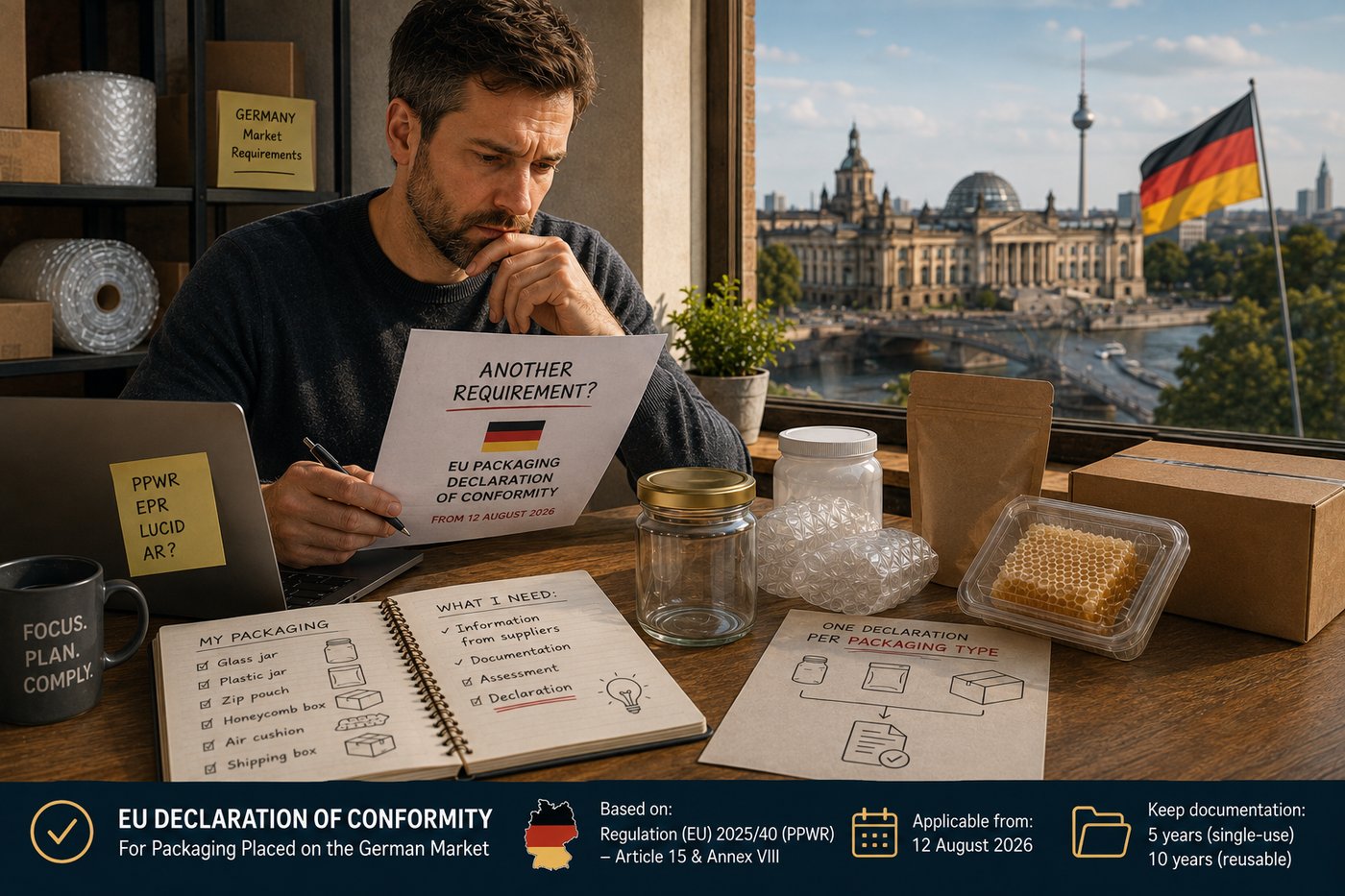 Unternehmer prüft die neue EU-Konformitätserklärung für Verpackungen