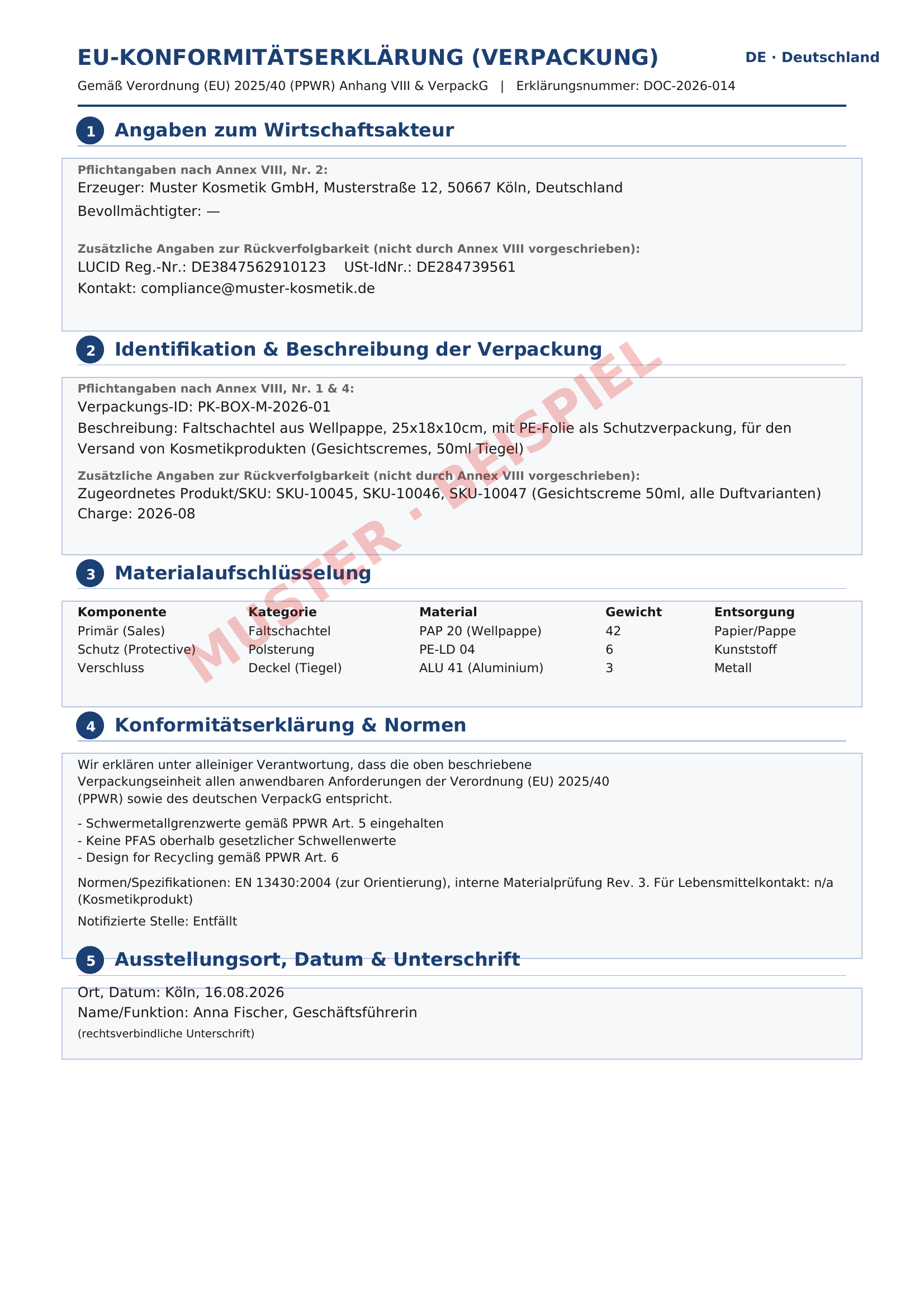 Muster einer mit dem Generator ausgefüllten EU-Konformitätserklärung nach PPWR Anhang VIII