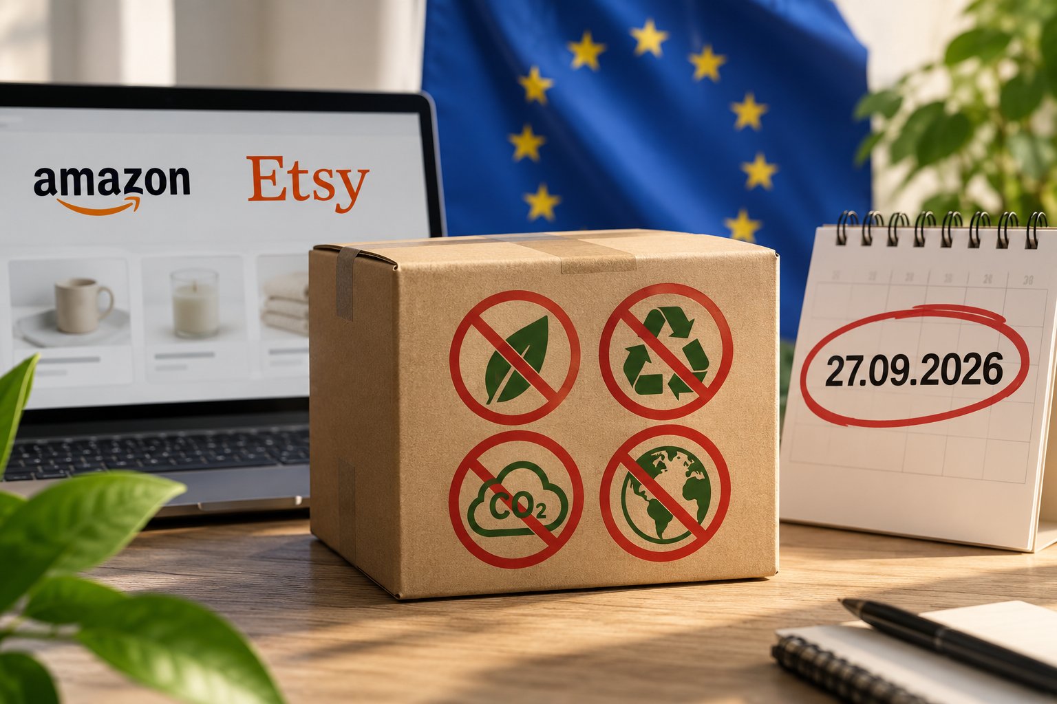 Amazon and Etsy listing with crossed-out environmental symbols, EU flag and date 27.09.2026