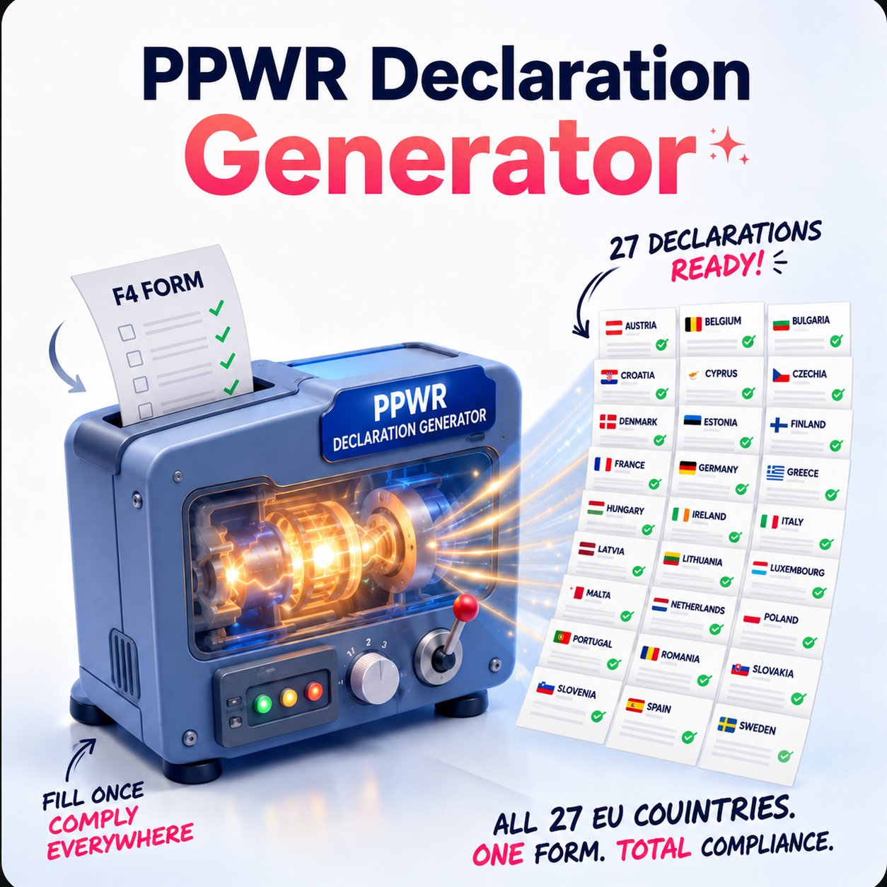 PPWR Declaration Generator — ein Formular ausfüllen, fertige Konformitätserklärungen für alle 27 EU-Länder