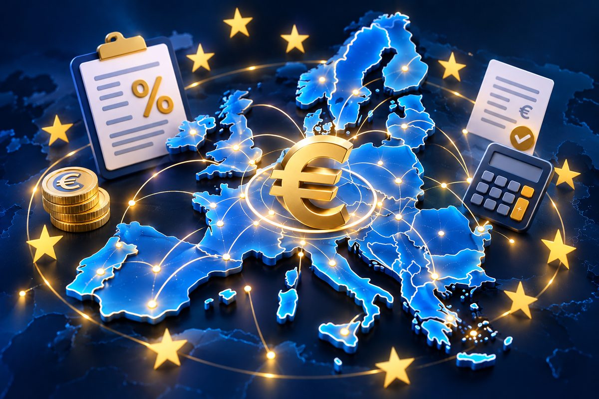 VAT in the EU: map of Europe with euro sign, tax form and calculator