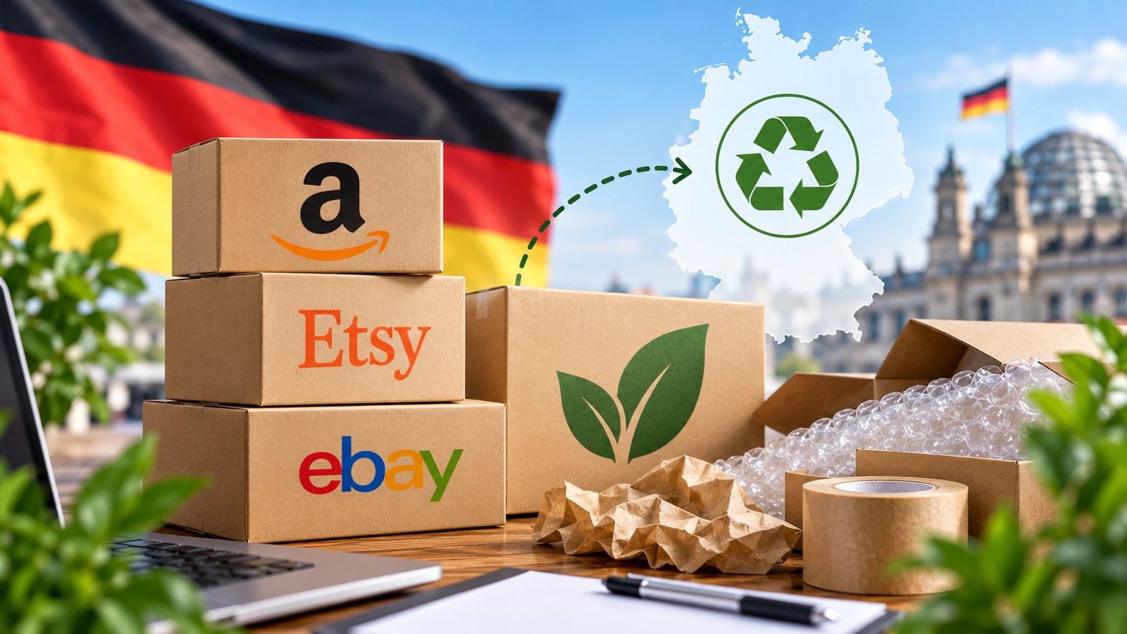 Amazon, Etsy and eBay boxes in front of the German flag with a recycling symbol